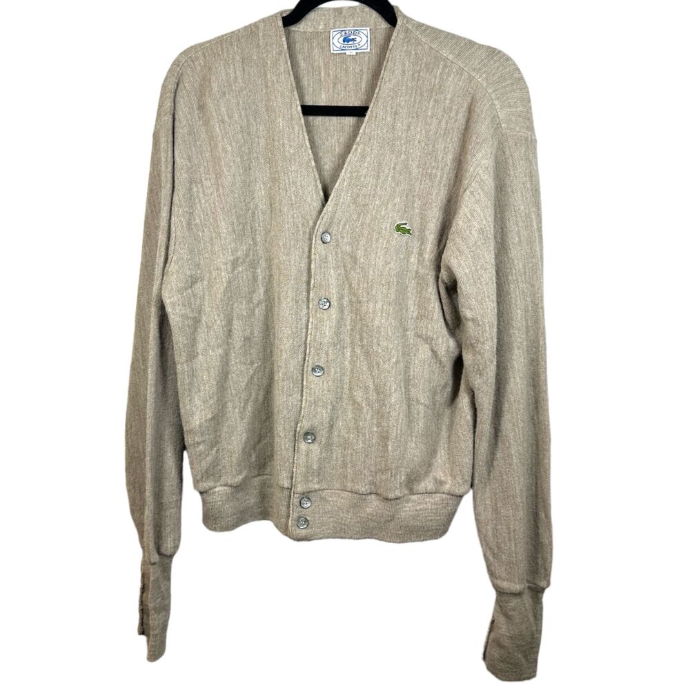 Lacoste Izod Vintage 1960s Button Front Beige Tan Cardigan Sweater Men's XL